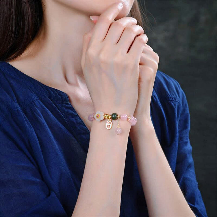 Buddha Stones天然ピンククリスタル翡翠フラワー 温かみのある愛のブレスレット - image 2