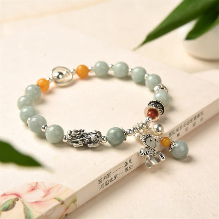 Buddha Stones 925スターリングシルバー 天然翡翠琥珀 貔貅ポニー 成功のブレスレット