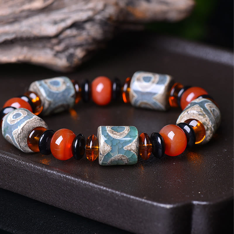 Buddha Stonesチベット三眼ビーズ瑪瑙 守護 幸福 ブレスレット