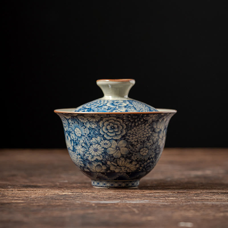 Buddha Stonesヴィンテージ青と白の磁器桃の花蓮牡丹セラミック蓋碗三彩ティーカップカンフーティーカップとソーサー蓋付き - 10cm×9cm×160ml - image 12