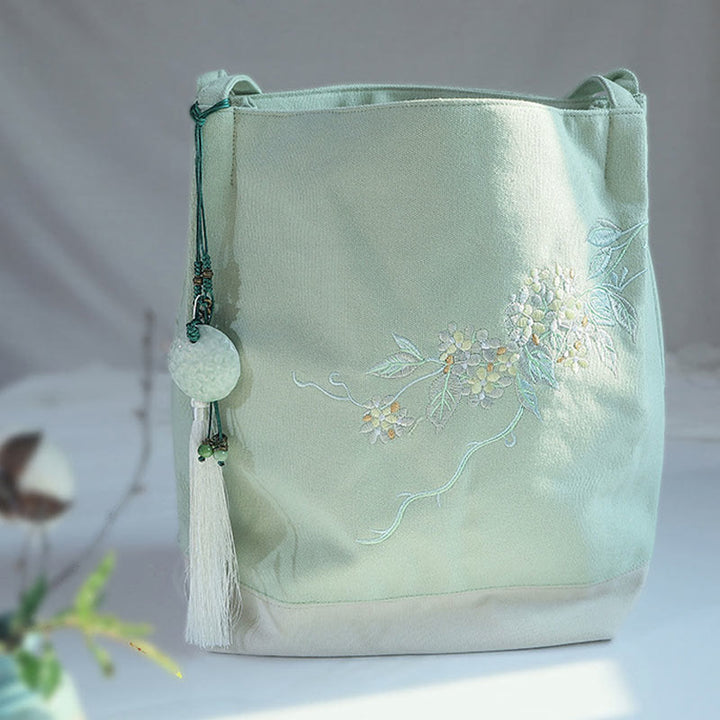 Buddha Stones鶴 梅 刺繍 キャンバス 大容量 ショルダーバッグ トートバッグ