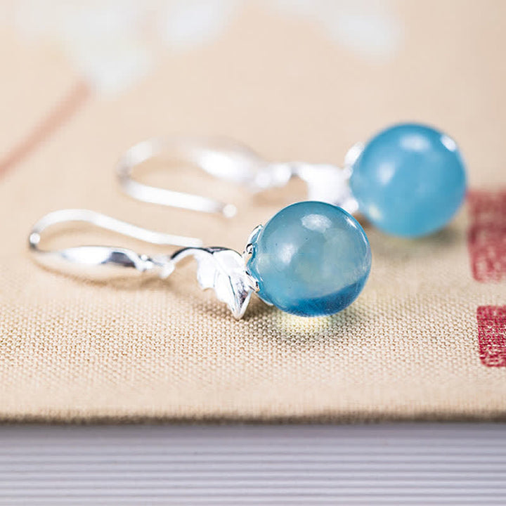 Buddha Stones 925スターリングシルバー 天然アクアマリン リーフフラワー ピース イヤリング ネックレス