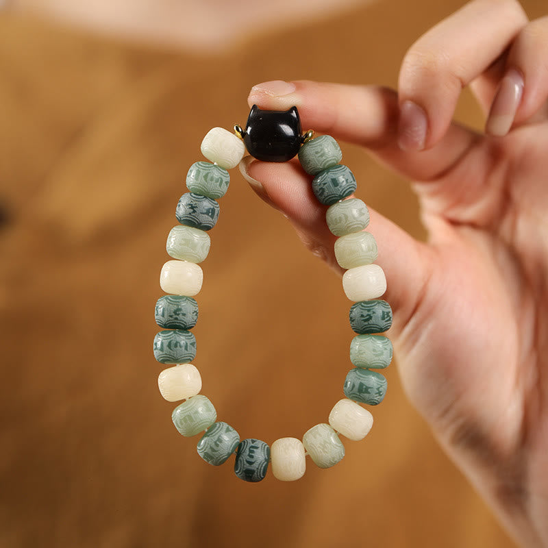 Buddha Stonesの銀光沢黒曜石猫の頭、オーム・マニ・パドメ・フムの彫刻入りハーモニーブレスレット - グリーン菩提樹（手首周り14～16cm） - image 8