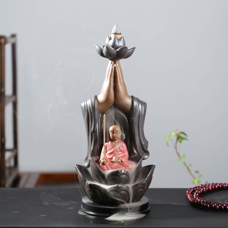 観音菩薩地蔵菩薩 陶器製 蓮華の祝福 逆流香炉