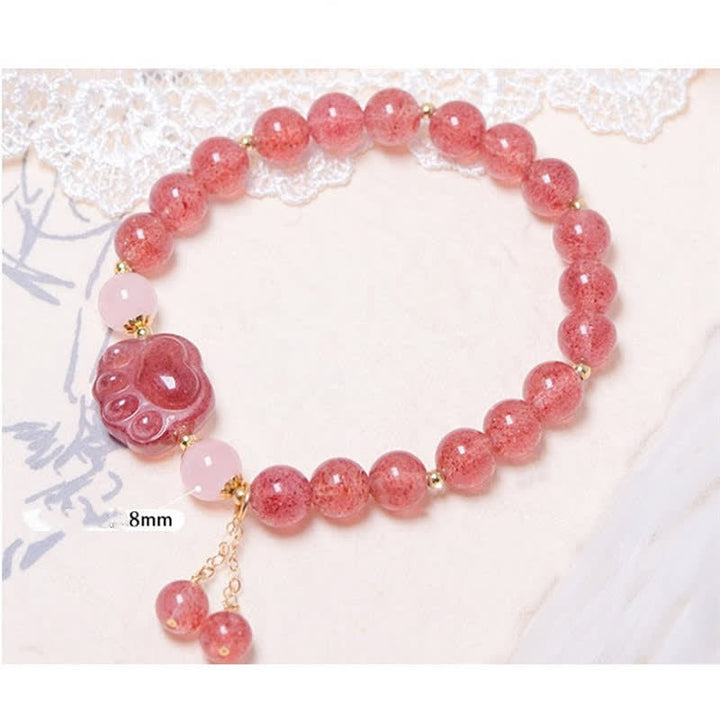 Buddha Stones天然ストロベリークォーツ ピンククリスタル ラッキーキャットポー ラブブレスレット - image 6