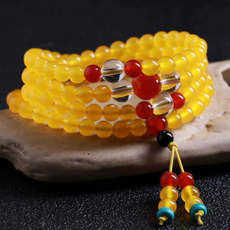 Buddha Stones 108 個入りMalaビーズ イエローカルセドニー ハーモニーブレスレット