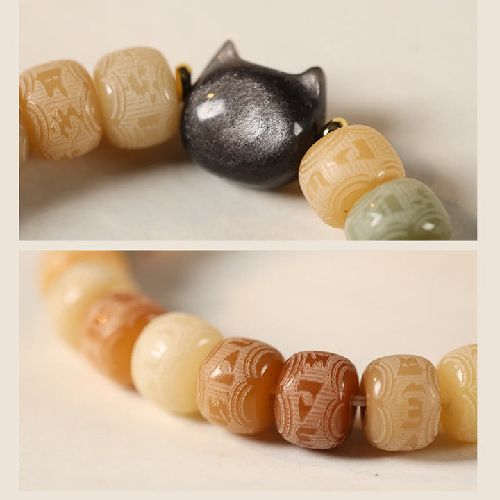 Buddha Stonesの銀光沢黒曜石猫の頭、オーム・マニ・パドメ・フムの彫刻入りハーモニーブレスレット - image 4