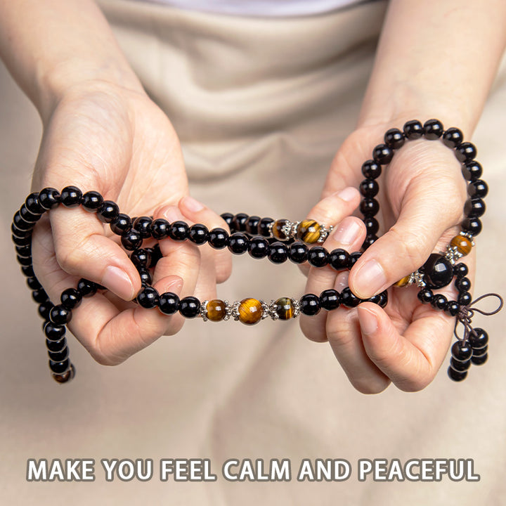 Buddha Stones 108ビーズ 天然黒曜石 タイガーアイMalaブレスレット