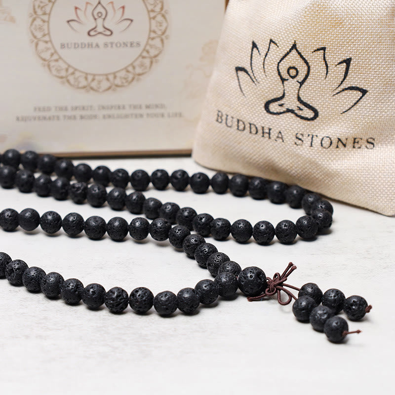 Buddha Stones 108 天然溶岩石ビーズ 祈りのMalaブレスレットネックレス