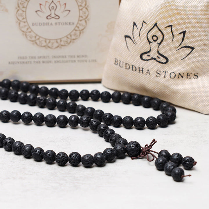 Buddha Stones 108 天然溶岩石ビーズ 祈りのMalaブレスレットネックレス