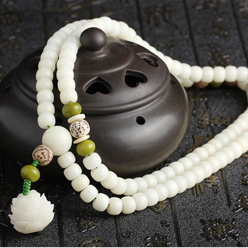 Buddha Stones 白翡翠＆菩提樹ビーズ マーラ 念珠ネックレス 蓮チャーム付き