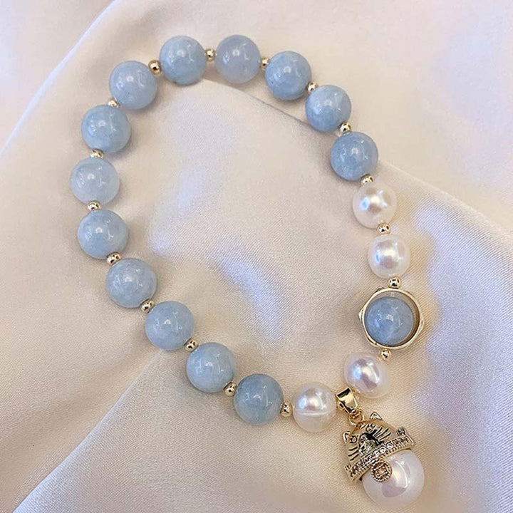 Buddha Stonesアクアマリンパール平和ヒーリングラッキーキャットチャームブレスレット - image 2