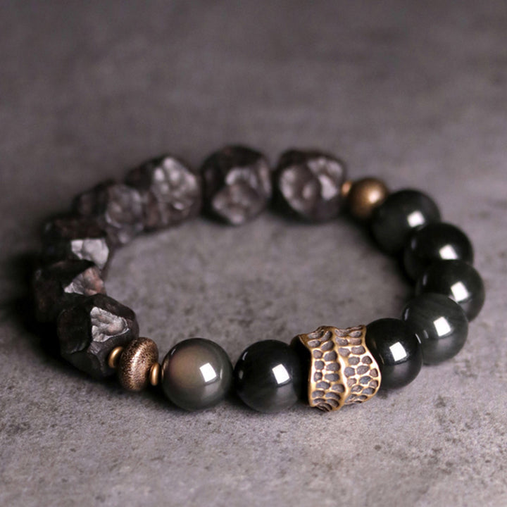 Buddha Stones黒曜石 黒檀 木 銅 強さ カップル ブレスレット
