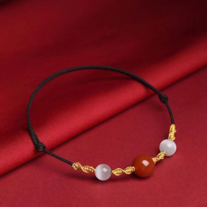 Buddha Stones天然赤瑪瑙 キャッツアイ カーム編み紐ブレスレット ネックレスペンダント - レッドアゲート＆キャッツアイ ブラックロープブレスレット（手首周り13～19cm） - image 2