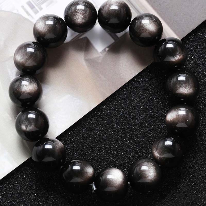 Buddha Stones天然銀光沢黒曜石 癒しの保護ブレスレット