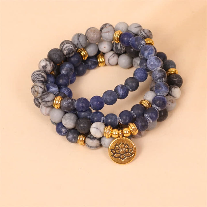 Buddha Stones 108Malaビーズ ソーダライト ゼブラジャスパー クリスタル ロータス 強さ ブレスレット