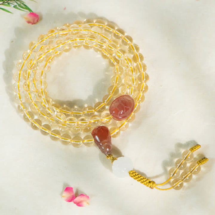 Buddha Stones 108Malaビーズ 925 スターリングシルバー 天然シトリン 赤瑪瑙 白翡翠 繁栄のチャームブレスレット