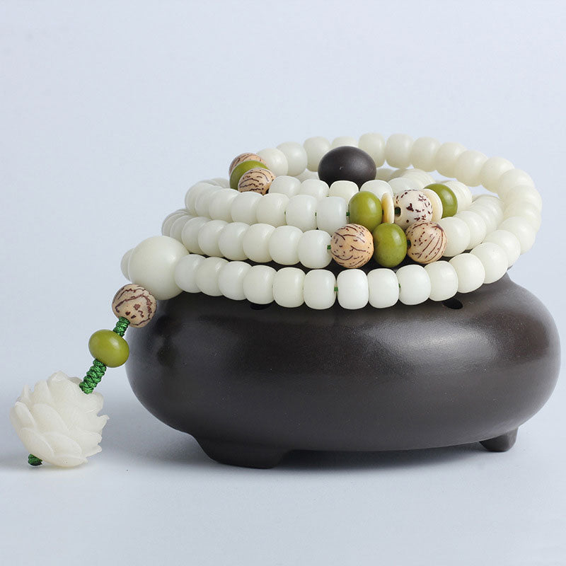 Buddha Stones 白翡翠＆菩提樹ビーズ マーラ 念珠ネックレス 蓮チャーム付き
