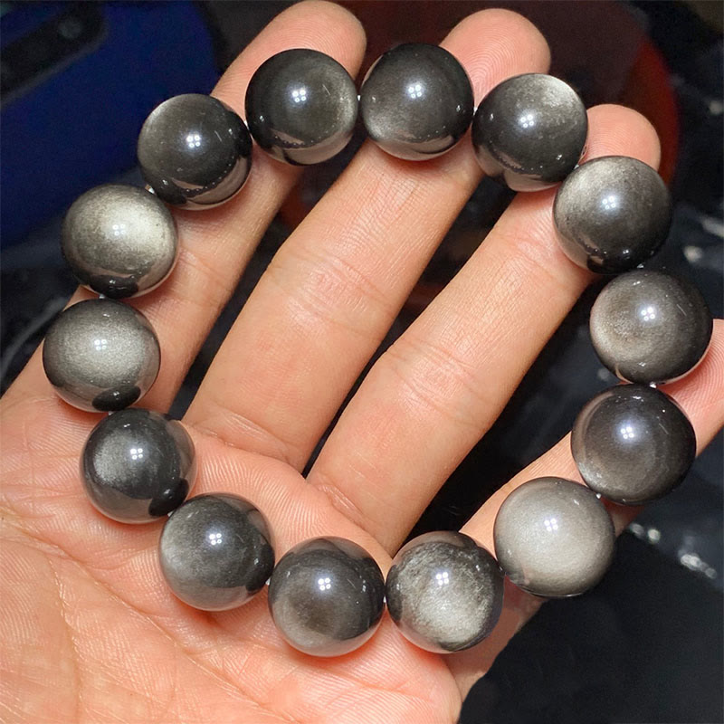 Buddha Stones天然銀光沢黒曜石 癒しの保護ブレスレット