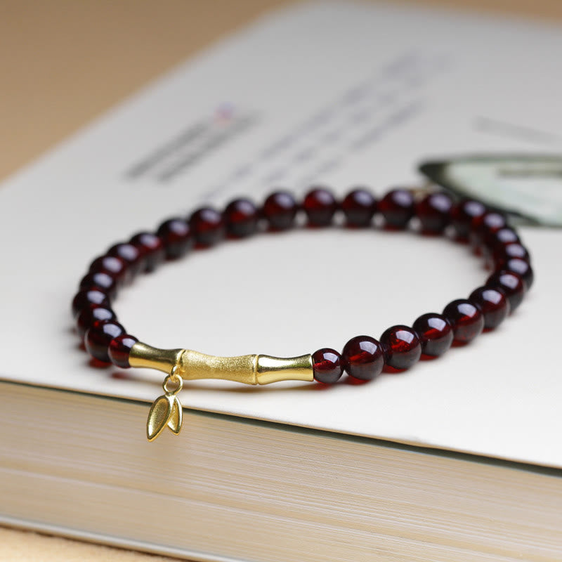 Buddha Stones 14K銅メッキゴールド 925スターリングシルバーメッキゴールド 天然ガーネット 竹製守護ブレスレット - ガーネット＆14K銅メッキゴールドバンブー（手首周り14～16cm） - image 0