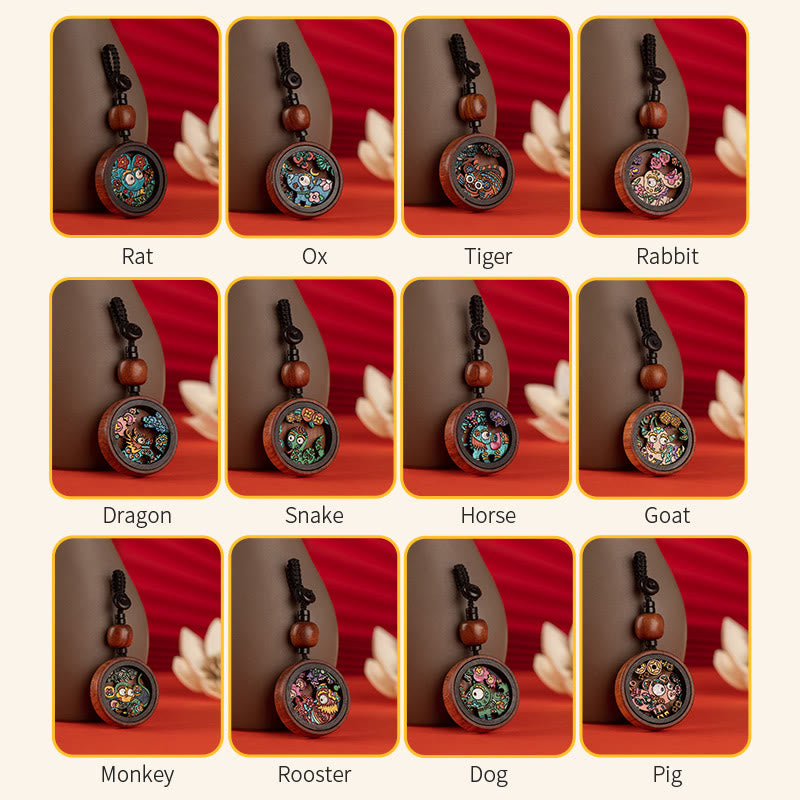 龍の年を描いたBuddha Stonesの手描きの干支ローズウッド彫刻の落ち着いたキーホルダー