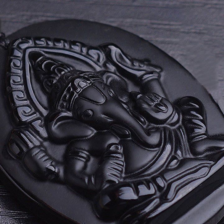 Buddha Stonesチベット黒曜石 ガネーシャ ガンパティ象 富のお守りネックレス