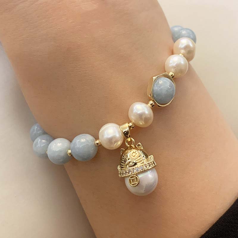Buddha Stonesアクアマリンパール平和ヒーリングラッキーキャットチャームブレスレット - image 3