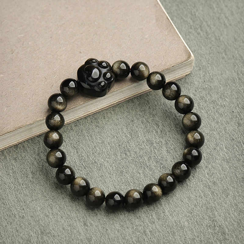 Buddha Stones金色光沢黒曜石 銀色光沢黒曜石 愛らしい足跡 招き猫守護ブレスレット - ゴールドシーンオブシディアン - 猫の爪 - 8mm - image 25