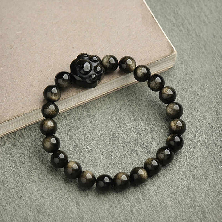 Buddha Stones金色光沢黒曜石 銀色光沢黒曜石 愛らしい足跡 招き猫守護ブレスレット - ゴールドシーンオブシディアン - 猫の爪 - 8mm - image 25