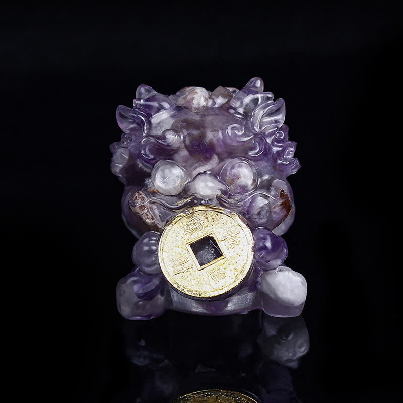 Buddha Stones手作り かわいい 貔貅 金貨 クリスタル 風水 エネルギー 富幸運繁栄家の装飾 - アメジスト - image 18