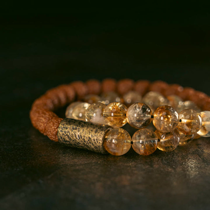 Buddha Stones天然シトリンクリスタル ルドラークシャ 菩提樹シード 真鍮ビーズ 繁栄 ダブルラップブレスレット