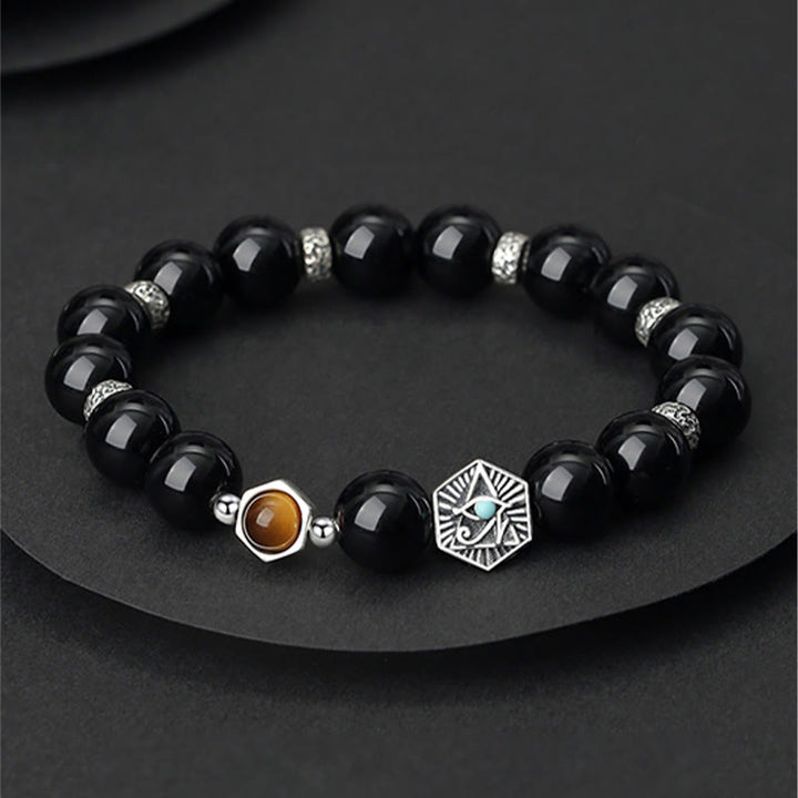 Buddha Stones925 スターリングシルバー ブラックオブシディアン タイガーアイ プロビデンスの目 浄化ブレスレット