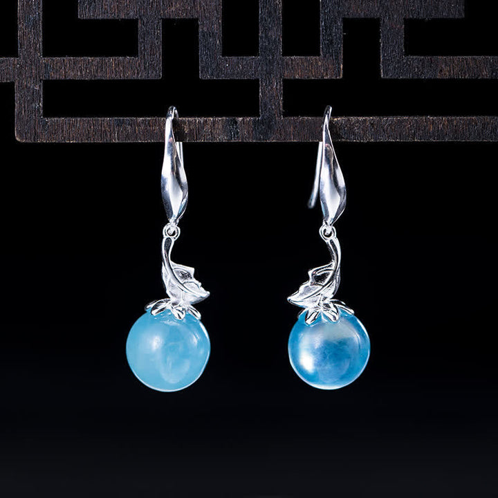 Buddha Stones 925スターリングシルバー 天然アクアマリン リーフフラワー ピース イヤリング ネックレス