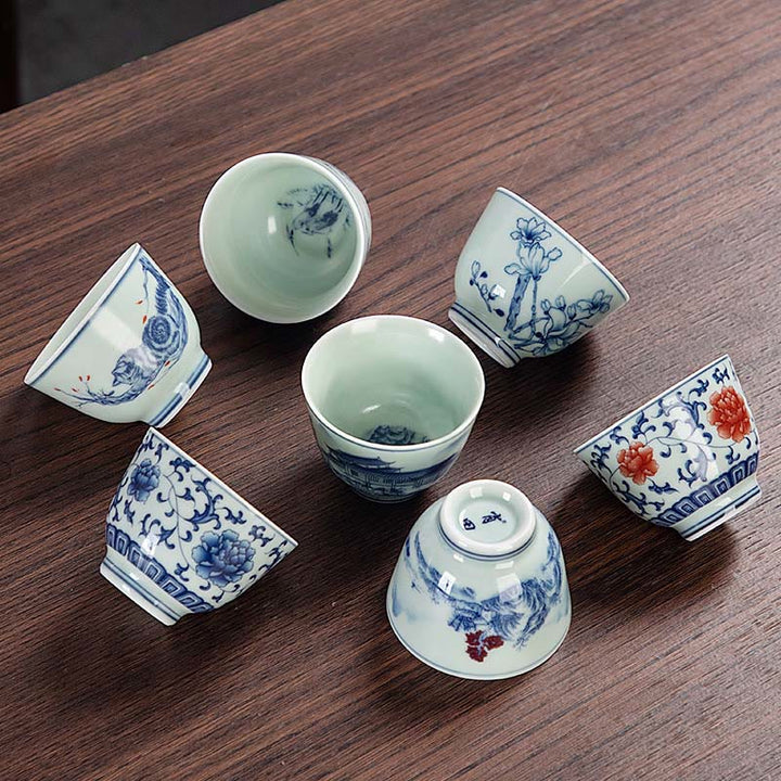 Buddha Stones、青い風景、山、蓮、かわいい猫、パビリオン、マグノリア、葦、白鷺、陶器のティーカップ、小さなカンフーティーカップ