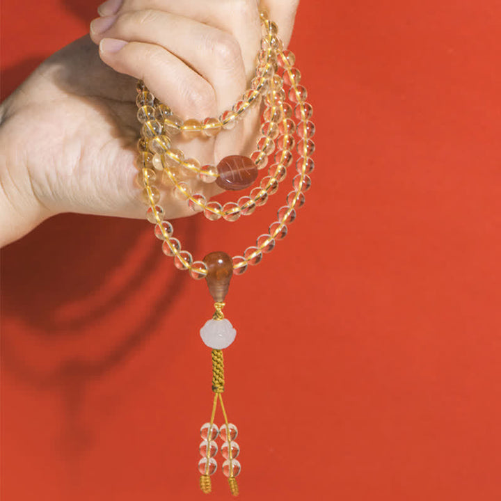 Buddha Stones 108Malaビーズ 925 スターリングシルバー 天然シトリン 赤瑪瑙 白翡翠 繁栄のチャームブレスレット