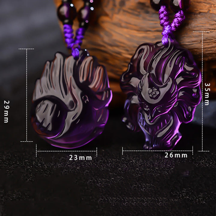 Buddha Stones天然アメジストホワイトクリスタルシトリン九尾狐幸運ネックレスペンダント