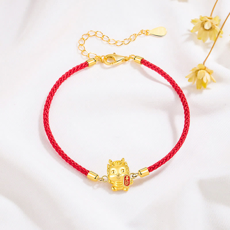 Buddha Stones925スターリングシルバー 龍年 幸運の金龍 強さ レッドロープチェーンブレスレット