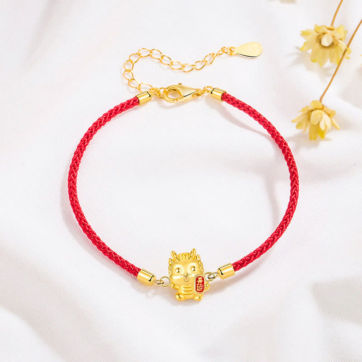 Buddha Stones925スターリングシルバー 龍年 幸運の金龍 強さ レッドロープチェーンブレスレット