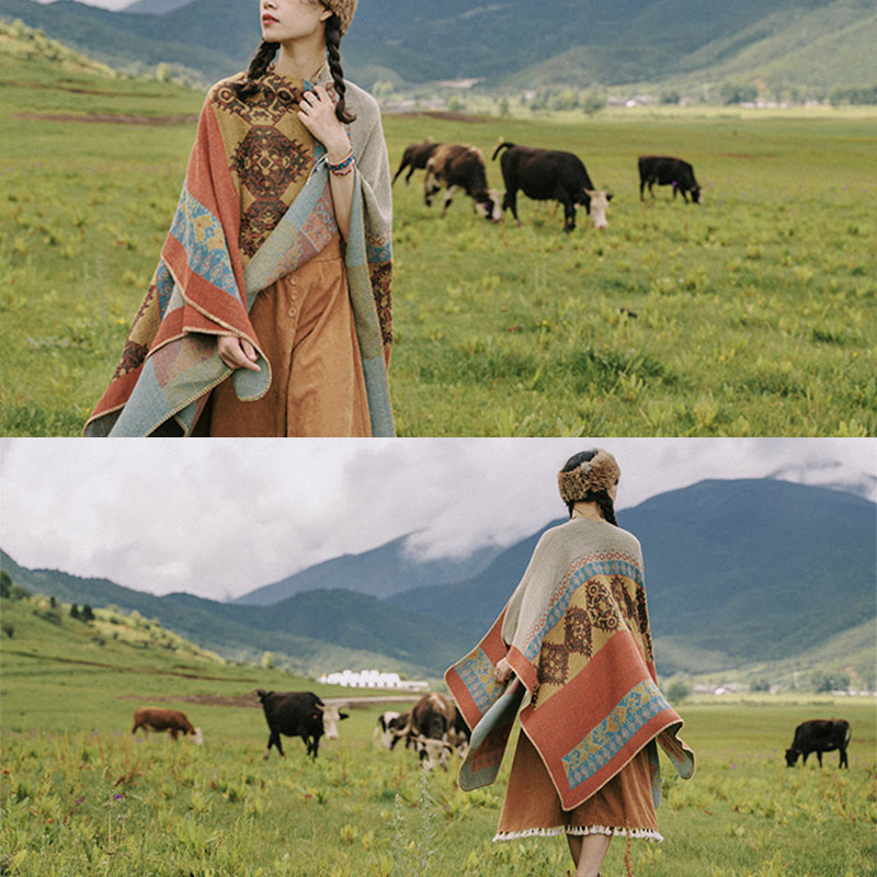 Buddha Stonesチベットショールダイヤモンド柄冬暖かいマントスカーフ - image 10