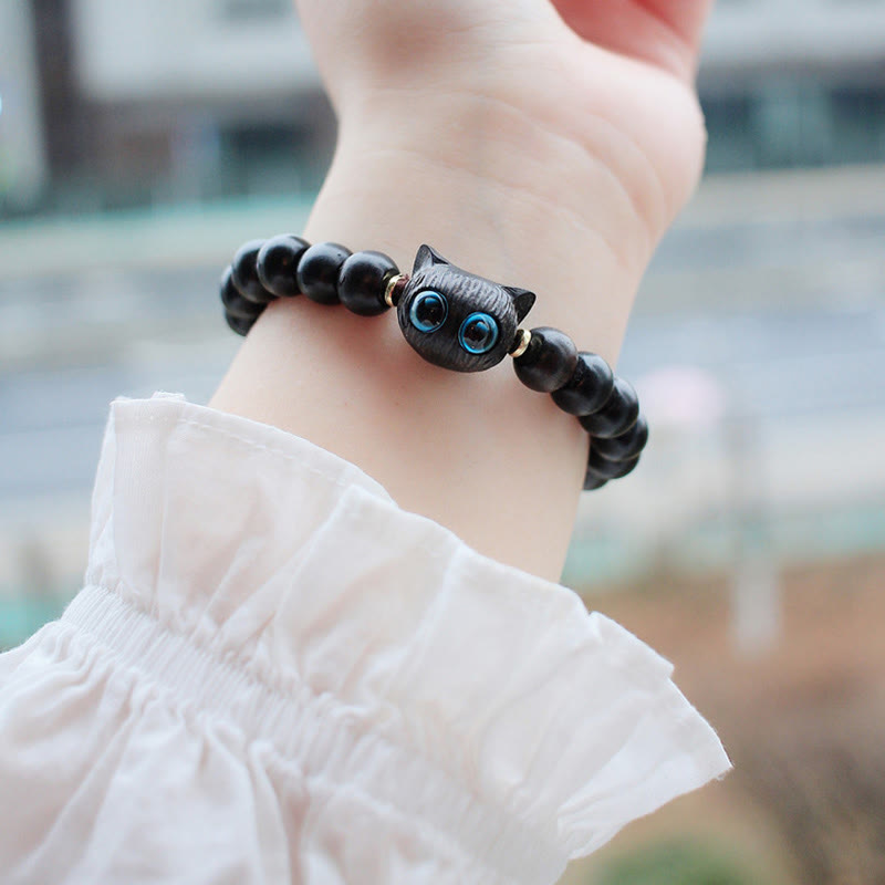 Buddha Stones、黒檀、緑白檀、かわいい猫の平和ブレスレット