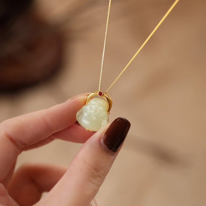 Buddha Stones925 スターリングシルバー 天然和田翡翠 笑う仏陀 豊穣のチェーンネックレスペンダント - image 1