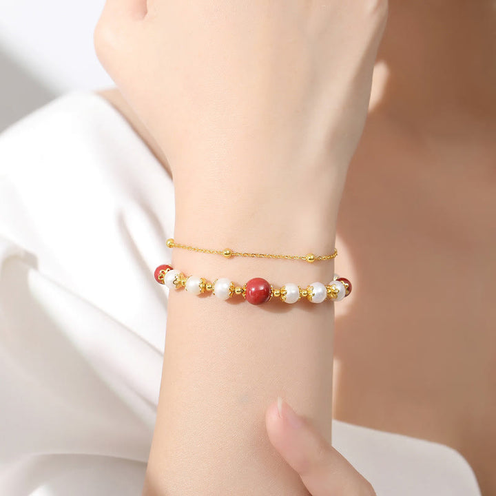 Buddha Stones925スターリングシルバー パール シナバー ウィズダムビーズ ダブルレイヤーチェーンブレスレット