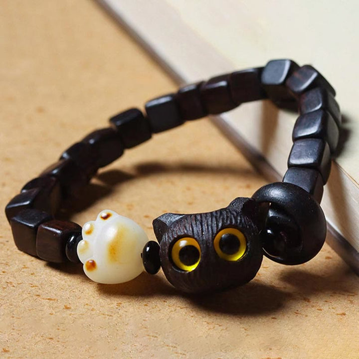 Buddha Stones黒檀かわいい猫 菩提樹 足爪 スクエアビーズ 落ち着いたブレスレット - image 3