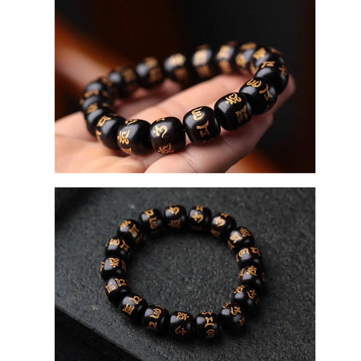 Buddha Stonesチベット黒檀オーム・マニ・パドメ・フム彫刻 平和ブレスレット