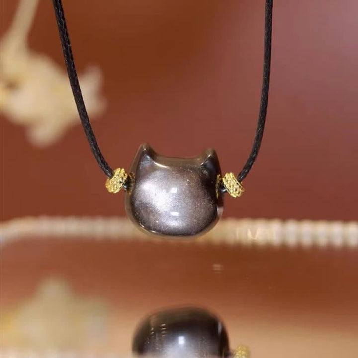 Buddha Stones金色光沢黒曜石 銀色光沢黒曜石 愛らしい足跡 招き猫守護ブレスレット - シルバーシーンオブシディアン - ネックレス - 14×15×9mm - image 42
