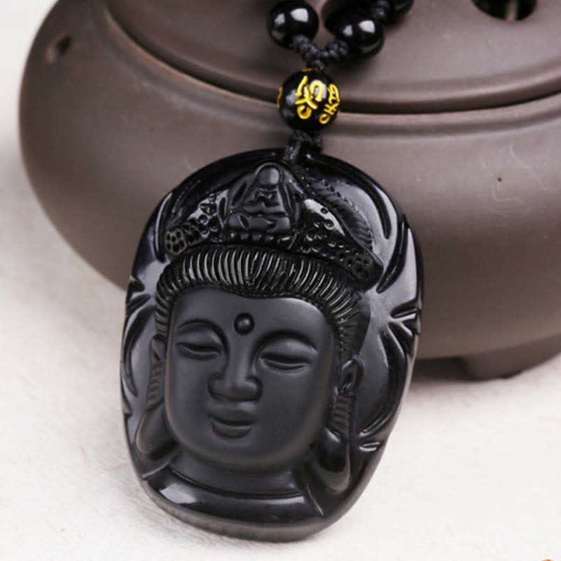 Buddha Stones天然黒曜石 観音菩薩 強さの紐ネックレスペンダント - image 7