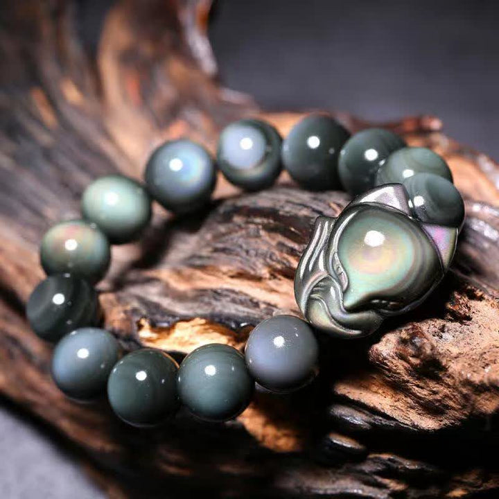Buddha Stonesレインボーオブシディアン フォックス ヒーリング ポジティブブレスレット