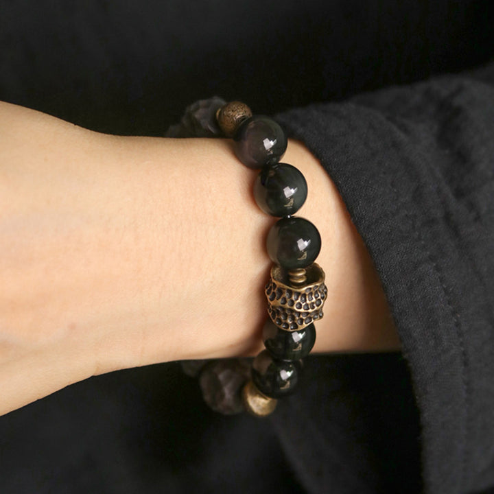 Buddha Stones黒曜石 黒檀 木 銅 強さ カップル ブレスレット