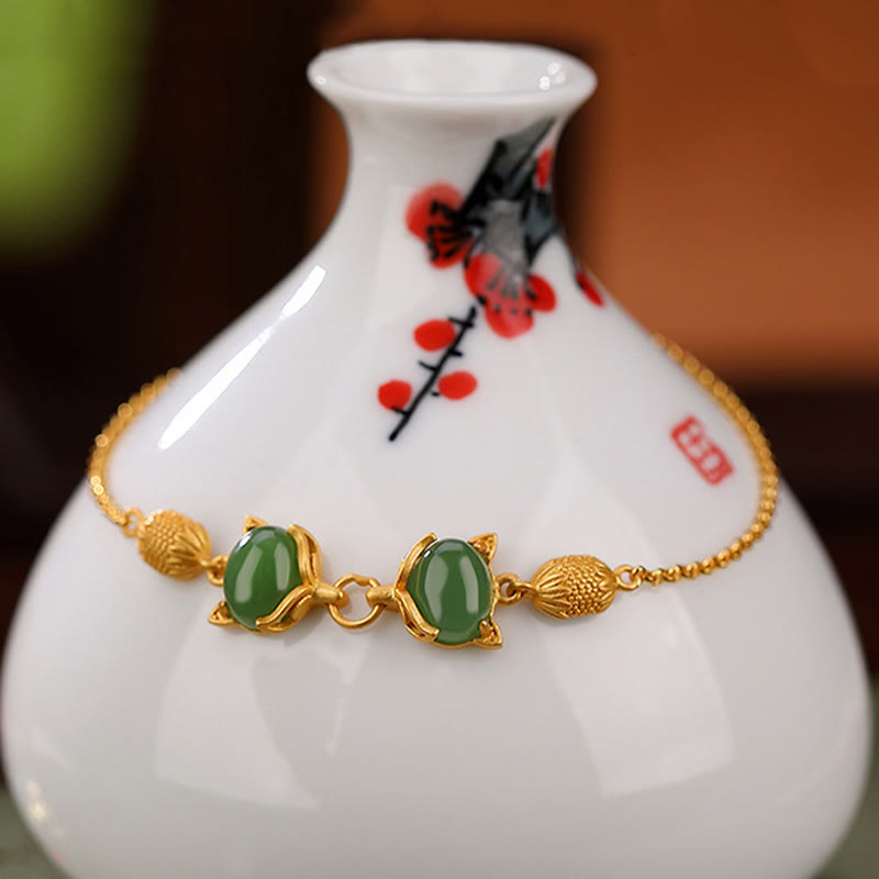 Buddha Stones925 スターリングシルバー 天然和田白翡翠 シアン翡翠 愛らしいキツネの幸運ブレスレット - image 2