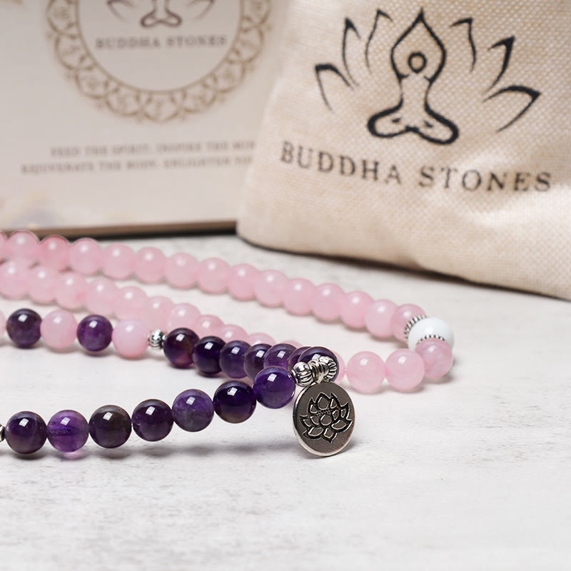Buddha Stones天然ローズクォーツ＆アメジストMalaビーズ ロータスペンダントブレスレット